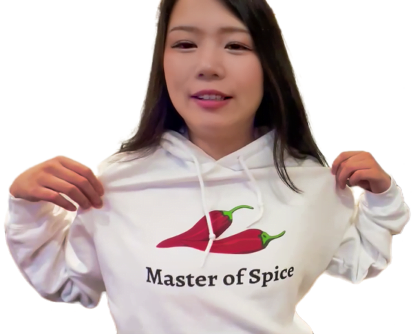 Hazu Showing off her Master of Spice Hoodie